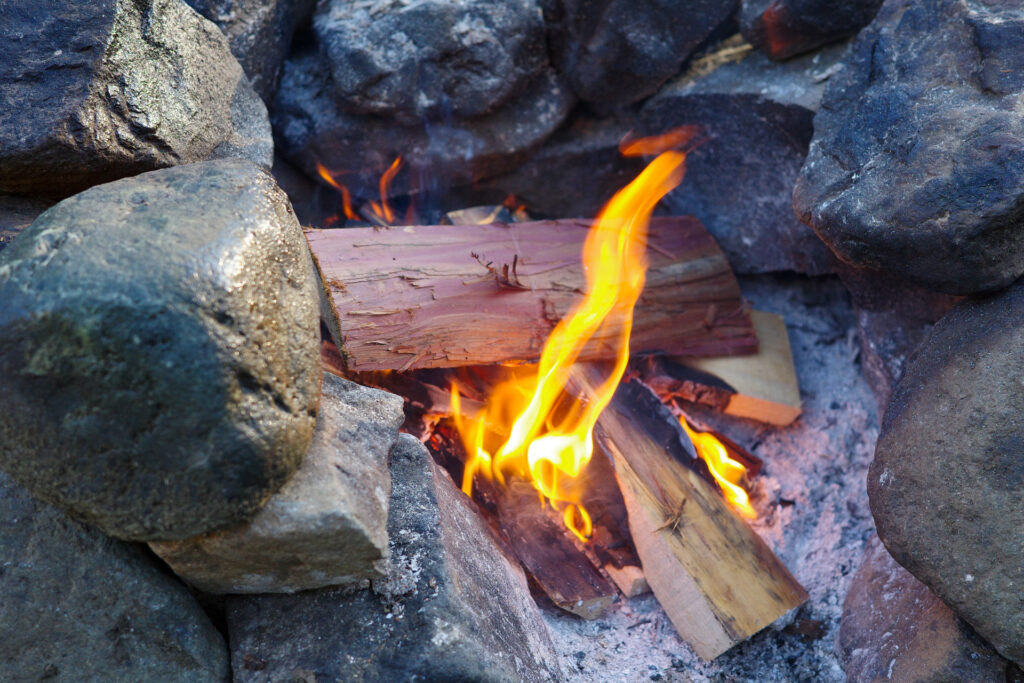 滝沢園でセブンイレブン食材しばりキャンプ　朝の焚火