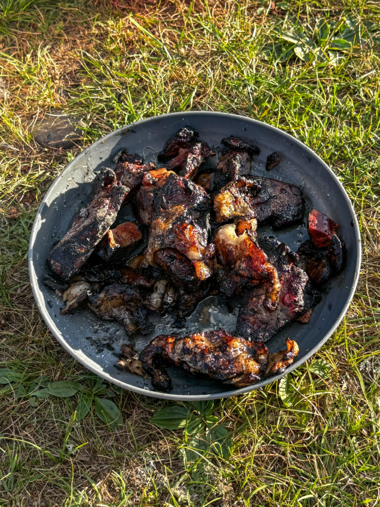 モンゴル　遊牧民ゲルホームステイ　ホルホグ　レバー焼